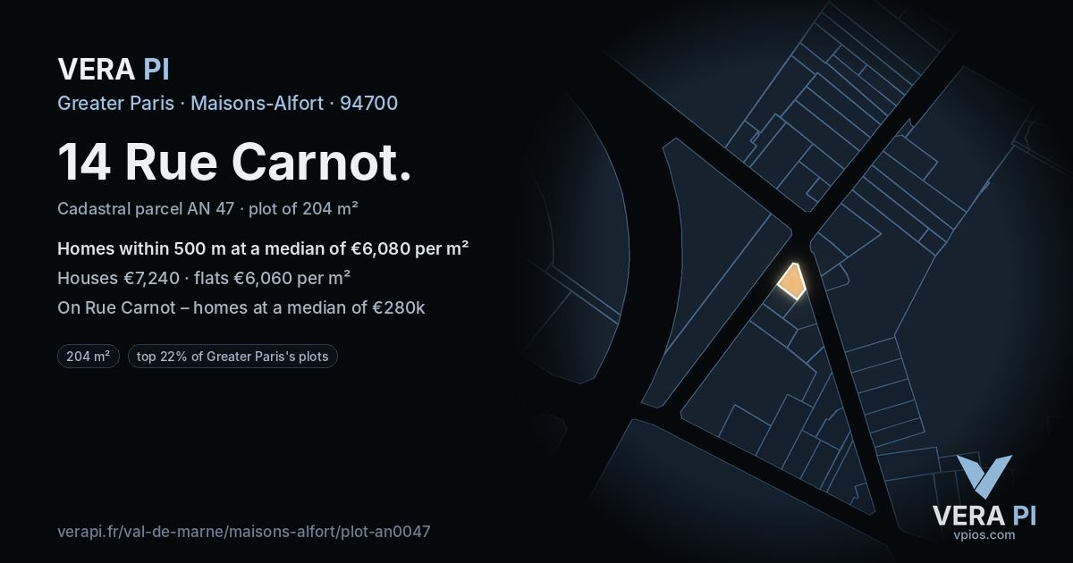 14 Rue Carnot, Maisons-Alfort at night – the plot lit, the parcels around coloured by the prices near them
