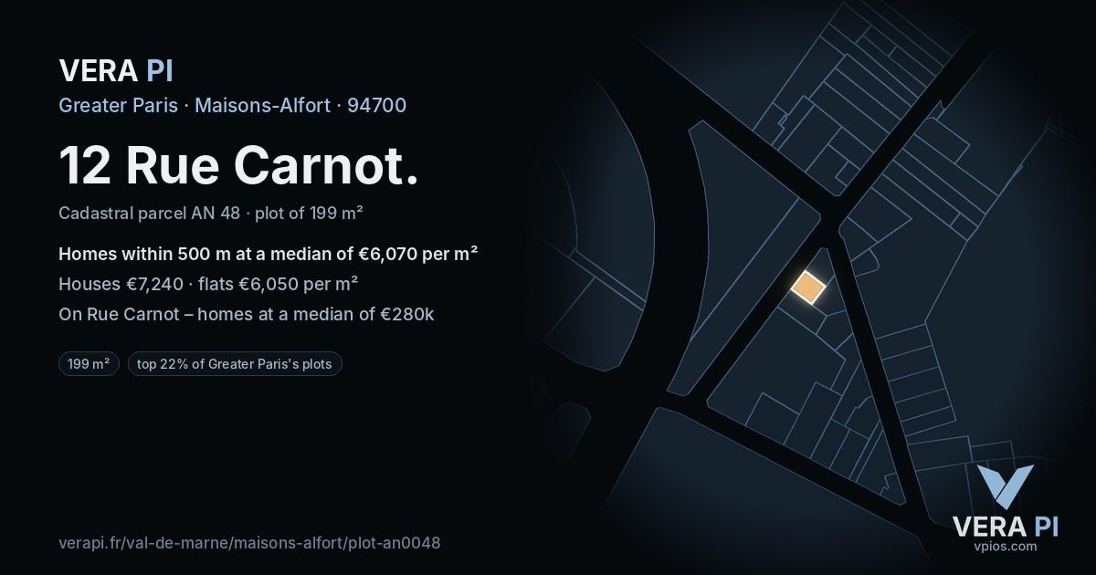 12 Rue Carnot, Maisons-Alfort at night – the plot lit, the parcels around coloured by the prices near them