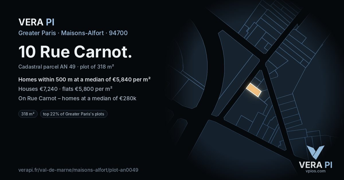 10 Rue Carnot, Maisons-Alfort at night – the plot lit, the parcels around coloured by the prices near them
