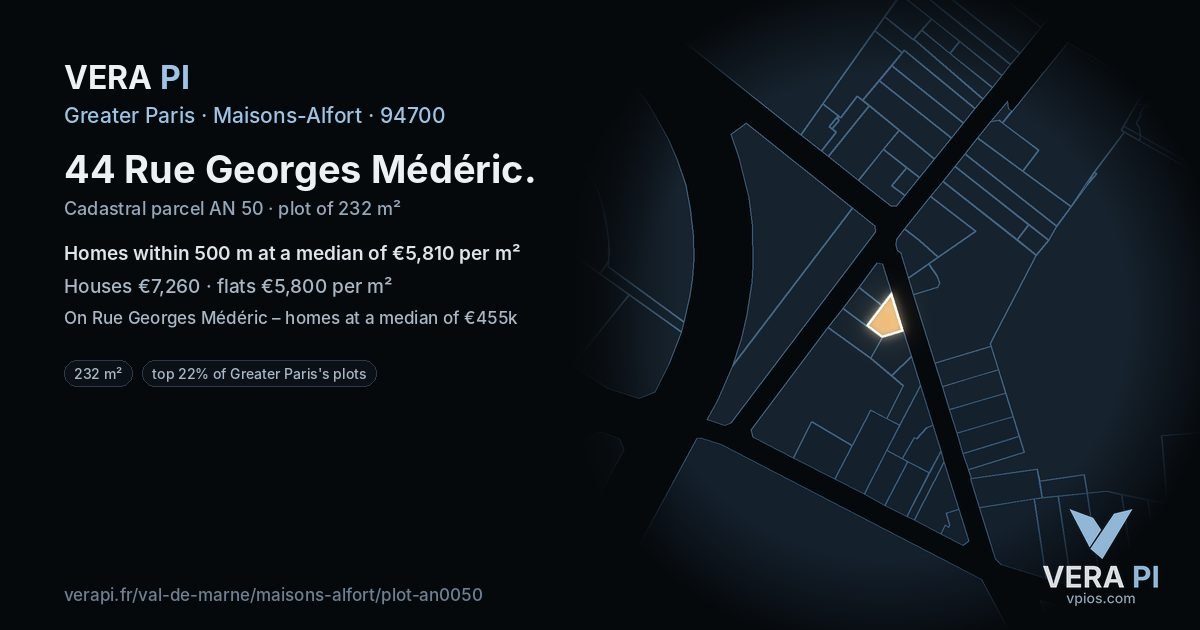 44 Rue Georges Médéric, Maisons-Alfort at night – the plot lit, the parcels around coloured by the prices near them