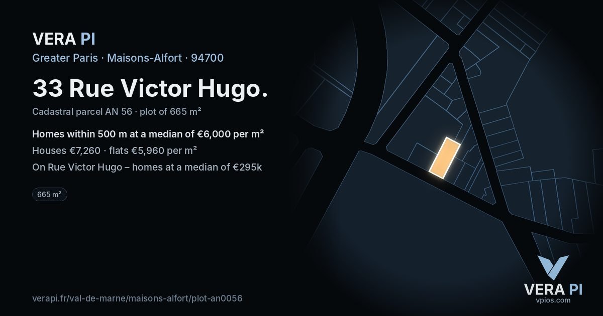 33 Rue Victor Hugo, Maisons-Alfort at night – the plot lit, the parcels around coloured by the prices near them