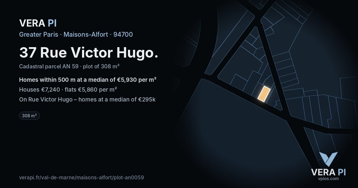 37 Rue Victor Hugo, Maisons-Alfort at night – the plot lit, the parcels around coloured by the prices near them
