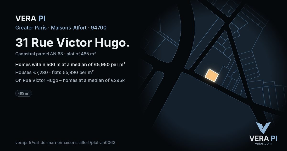 31 Rue Victor Hugo, Maisons-Alfort at night – the plot lit, the parcels around coloured by the prices near them