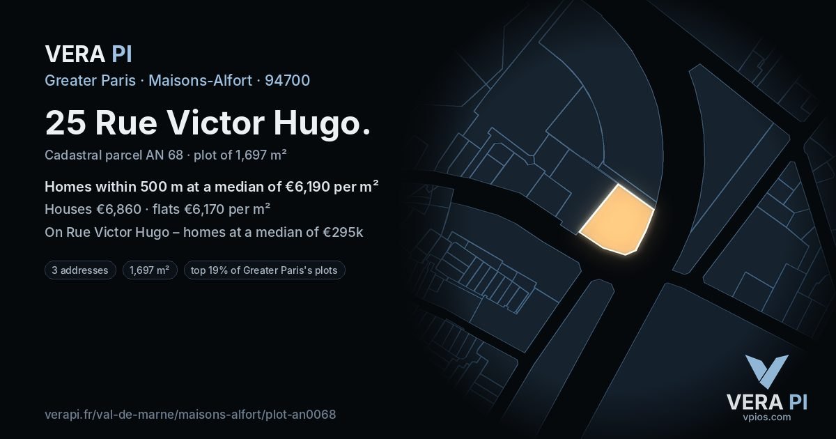 25 Rue Victor Hugo, Maisons-Alfort at night – the plot lit, the parcels around coloured by the prices near them