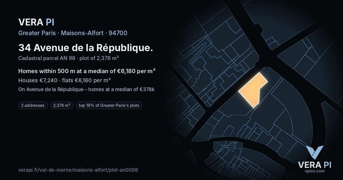 34 Avenue de la République, Maisons-Alfort at night – the plot lit, the parcels around coloured by the prices near them