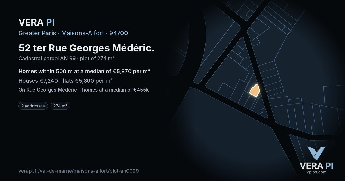 52 ter Rue Georges Médéric, Maisons-Alfort at night – the plot lit, the parcels around coloured by the prices near them