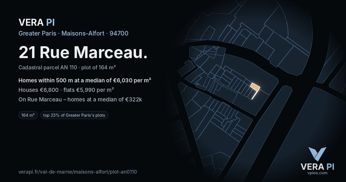 21 Rue Marceau, Maisons-Alfort at night – the plot lit, the parcels around coloured by the prices near them