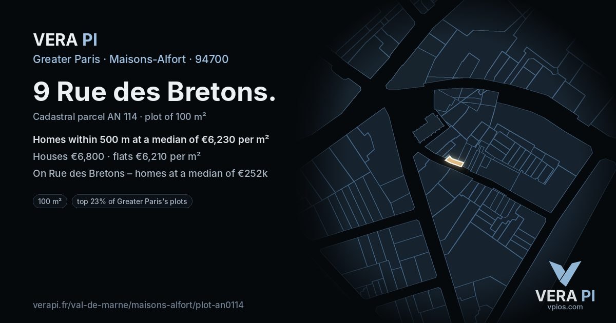 9 Rue des Bretons, Maisons-Alfort at night – the plot lit, the parcels around coloured by the prices near them