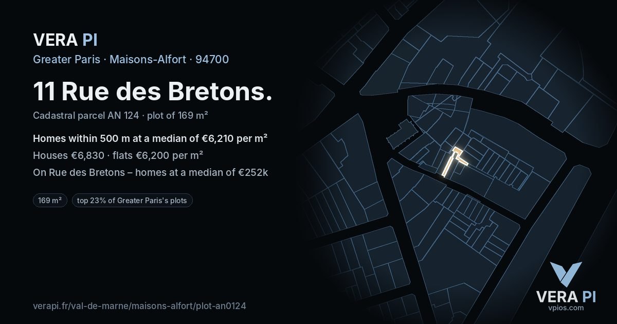11 Rue des Bretons, Maisons-Alfort at night – the plot lit, the parcels around coloured by the prices near them