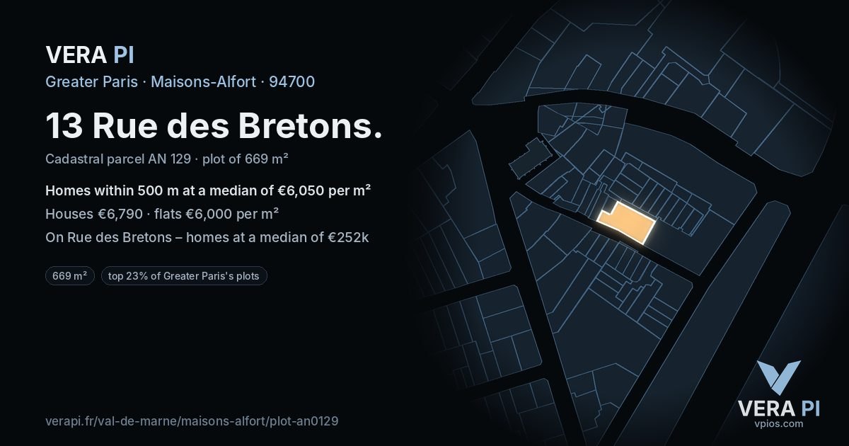 13 Rue des Bretons, Maisons-Alfort at night – the plot lit, the parcels around coloured by the prices near them