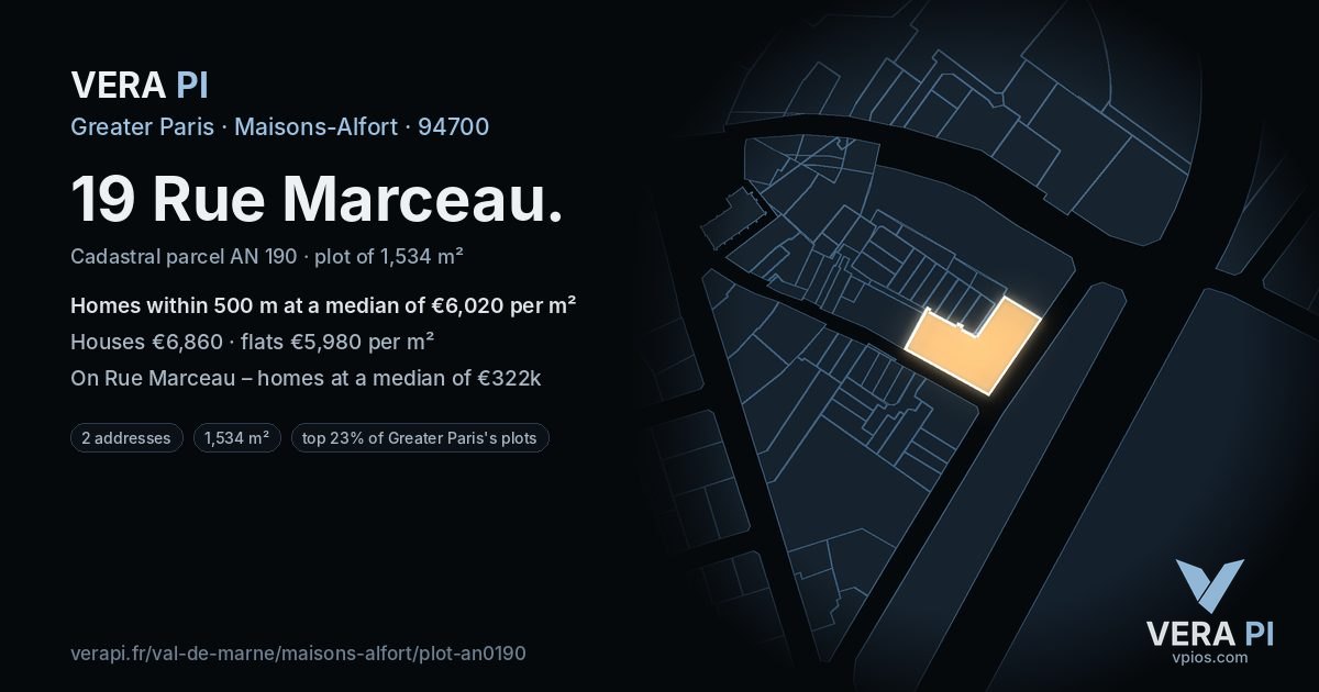 19 Rue Marceau, Maisons-Alfort at night – the plot lit, the parcels around coloured by the prices near them