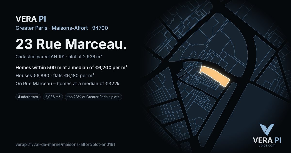 23 Rue Marceau, Maisons-Alfort at night – the plot lit, the parcels around coloured by the prices near them