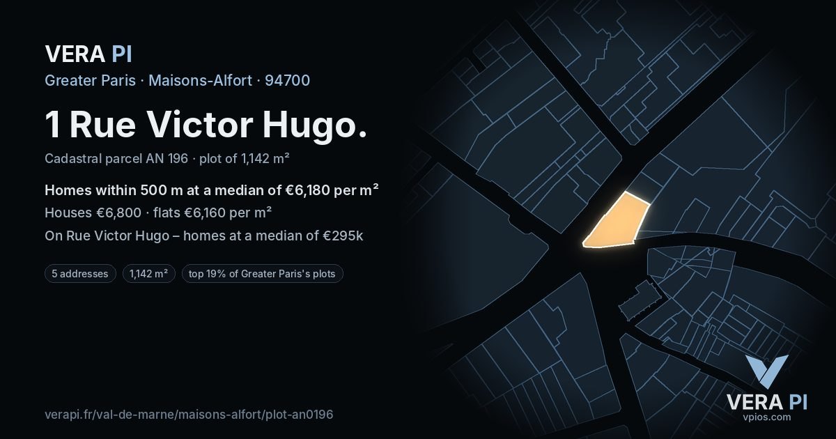 1 Rue Victor Hugo, Maisons-Alfort at night – the plot lit, the parcels around coloured by the prices near them