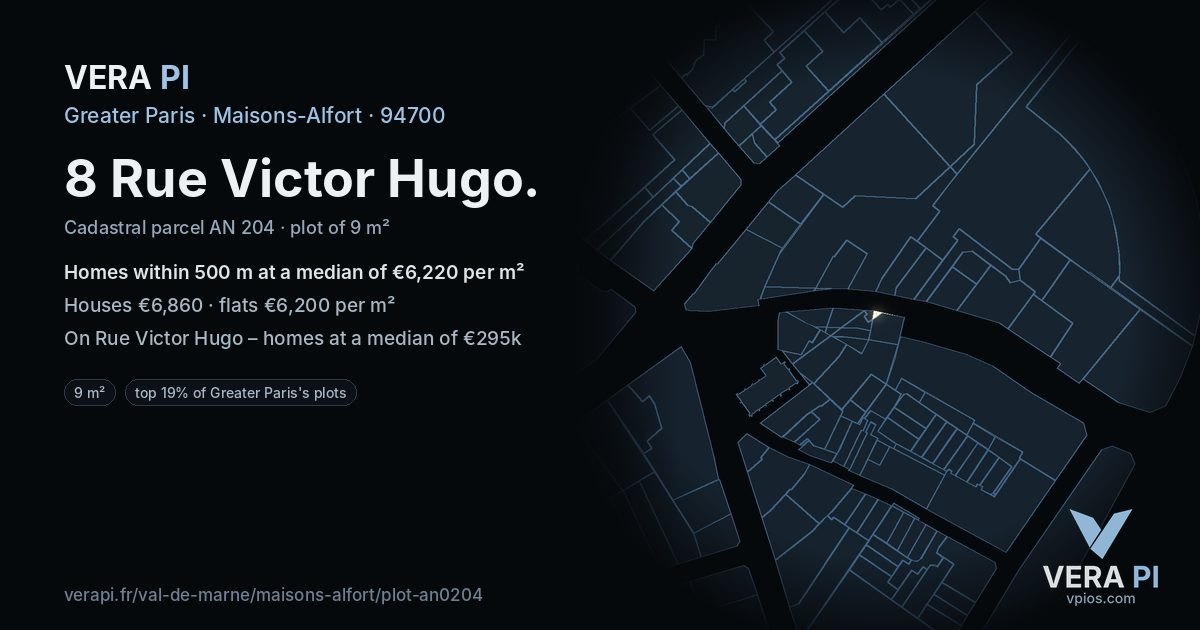 8 Rue Victor Hugo, Maisons-Alfort at night – the plot lit, the parcels around coloured by the prices near them