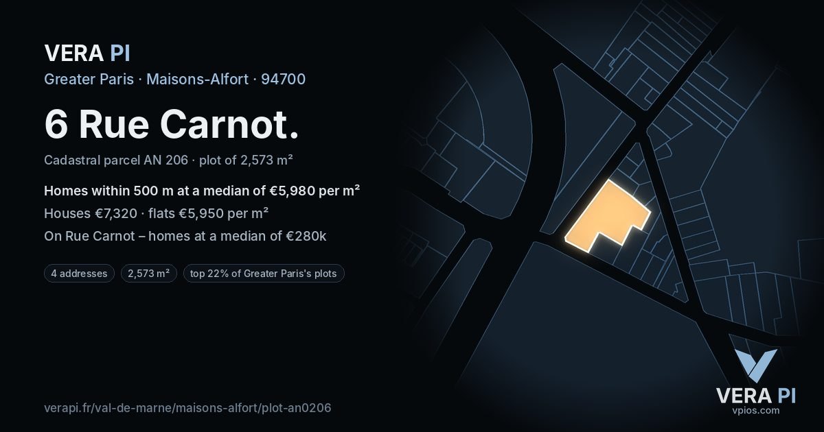 6 Rue Carnot, Maisons-Alfort at night – the plot lit, the parcels around coloured by the prices near them