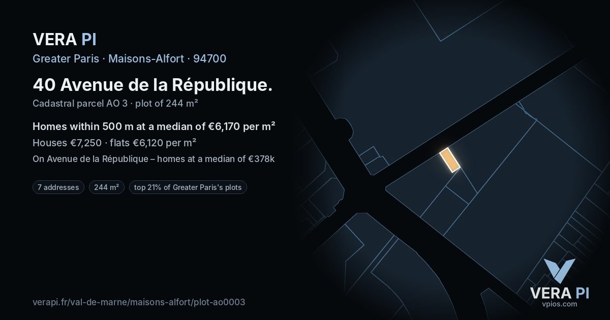 40 Avenue de la République, Maisons-Alfort at night – the plot lit, the parcels around coloured by the prices near them