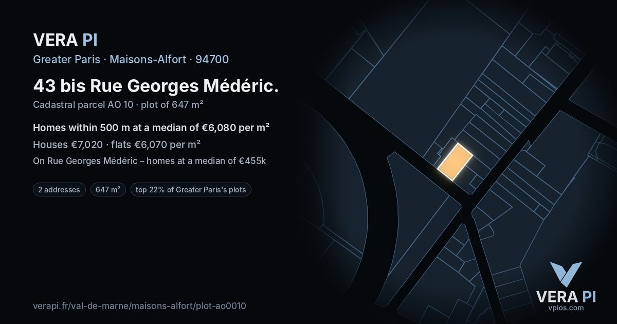 43 bis Rue Georges Médéric, Maisons-Alfort at night – the plot lit, the parcels around coloured by the prices near them