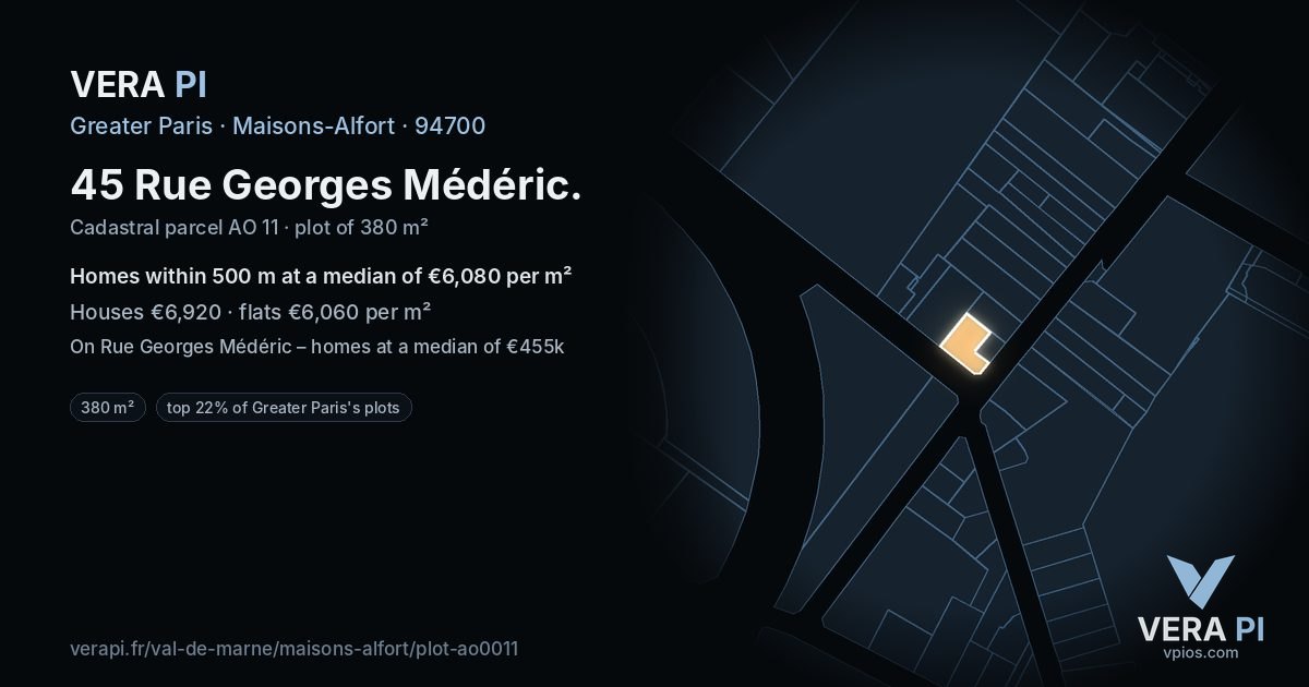 45 Rue Georges Médéric, Maisons-Alfort at night – the plot lit, the parcels around coloured by the prices near them