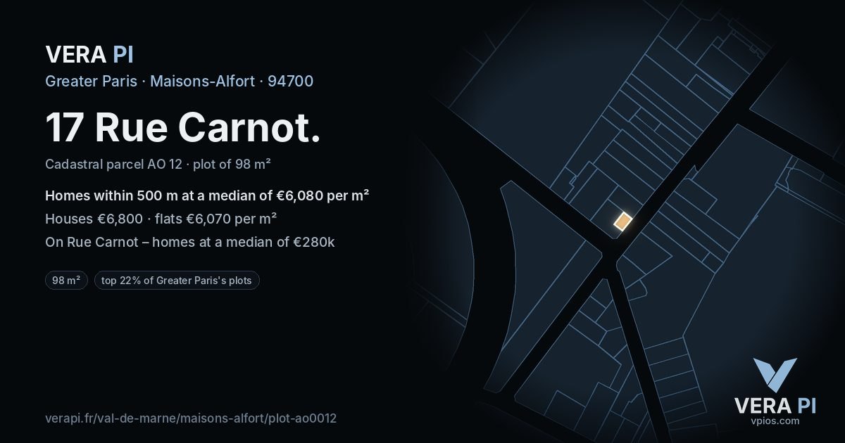 17 Rue Carnot, Maisons-Alfort at night – the plot lit, the parcels around coloured by the prices near them