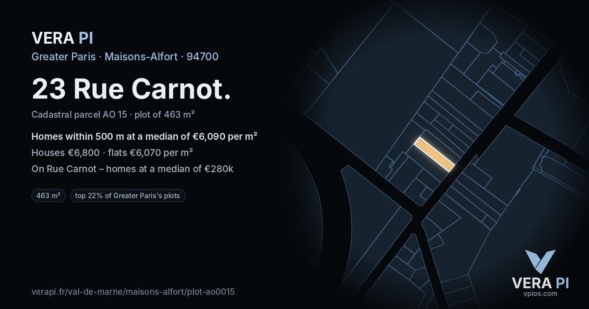 23 Rue Carnot, Maisons-Alfort at night – the plot lit, the parcels around coloured by the prices near them