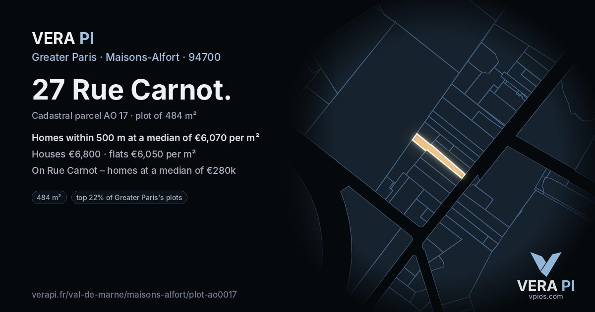 27 Rue Carnot, Maisons-Alfort at night – the plot lit, the parcels around coloured by the prices near them