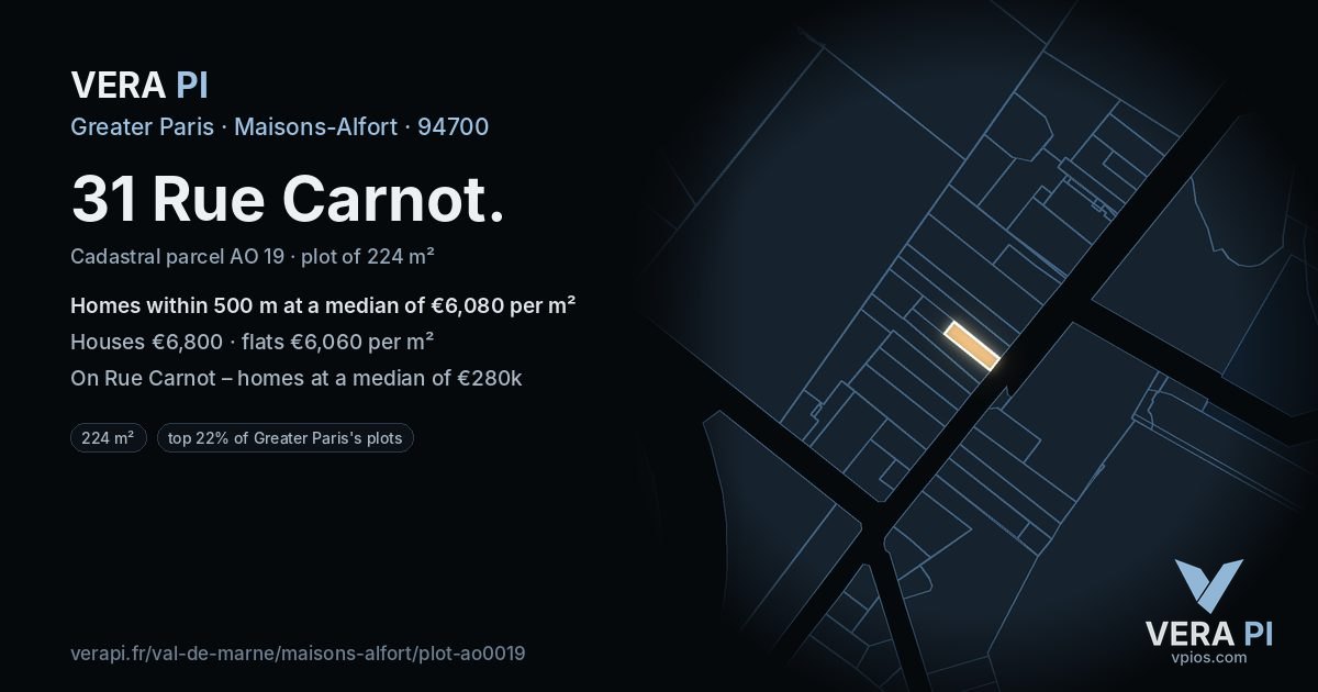 31 Rue Carnot, Maisons-Alfort at night – the plot lit, the parcels around coloured by the prices near them