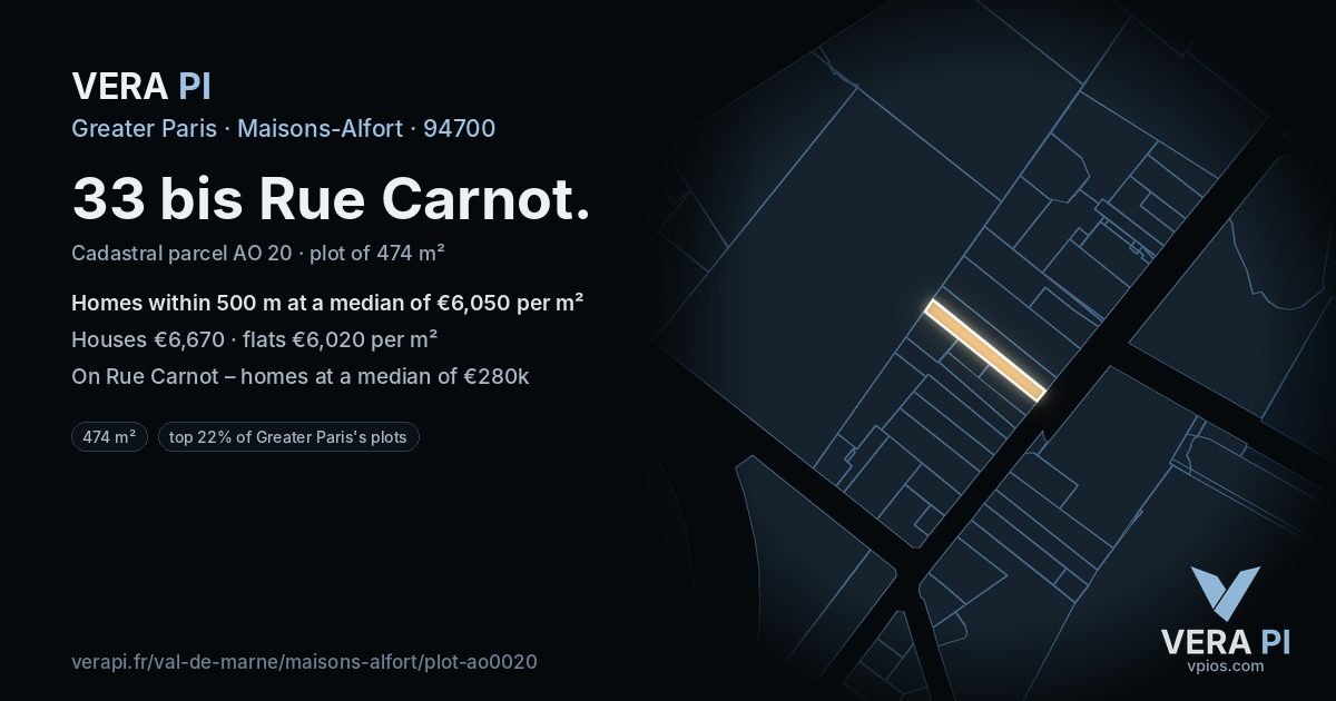 33 bis Rue Carnot, Maisons-Alfort at night – the plot lit, the parcels around coloured by the prices near them