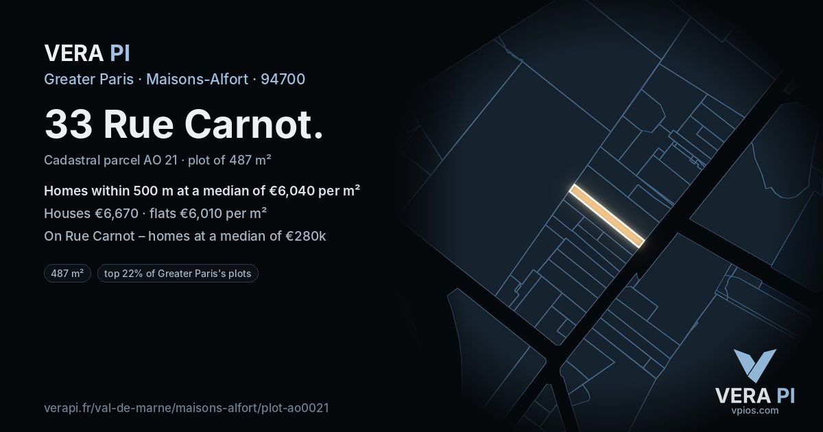 33 Rue Carnot, Maisons-Alfort at night – the plot lit, the parcels around coloured by the prices near them