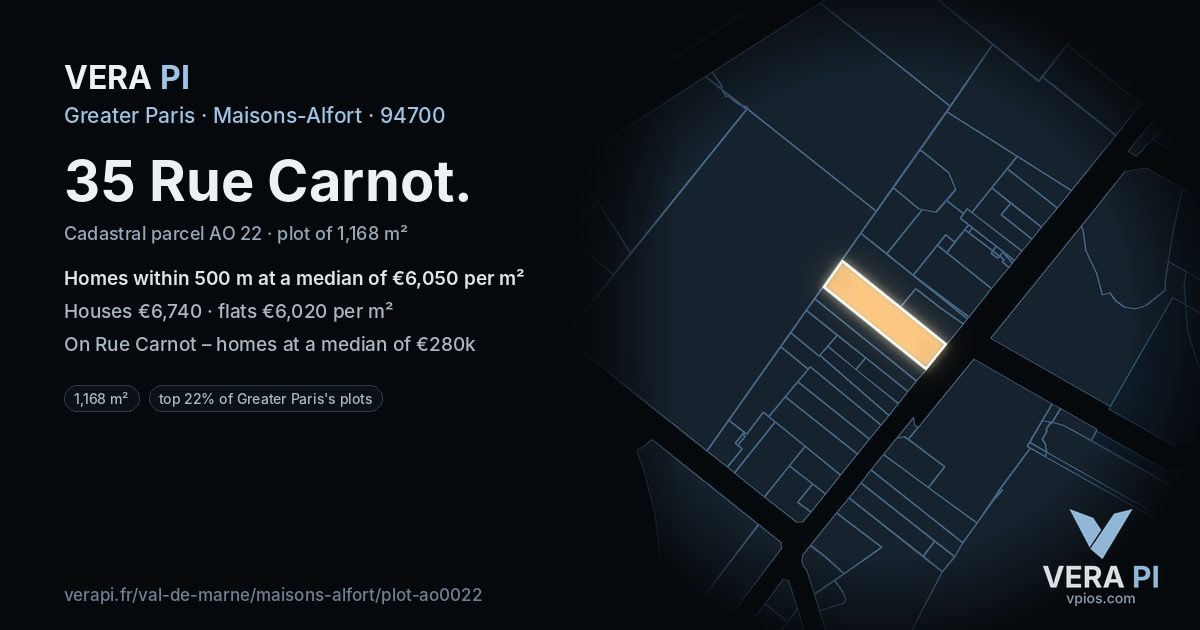 35 Rue Carnot, Maisons-Alfort at night – the plot lit, the parcels around coloured by the prices near them