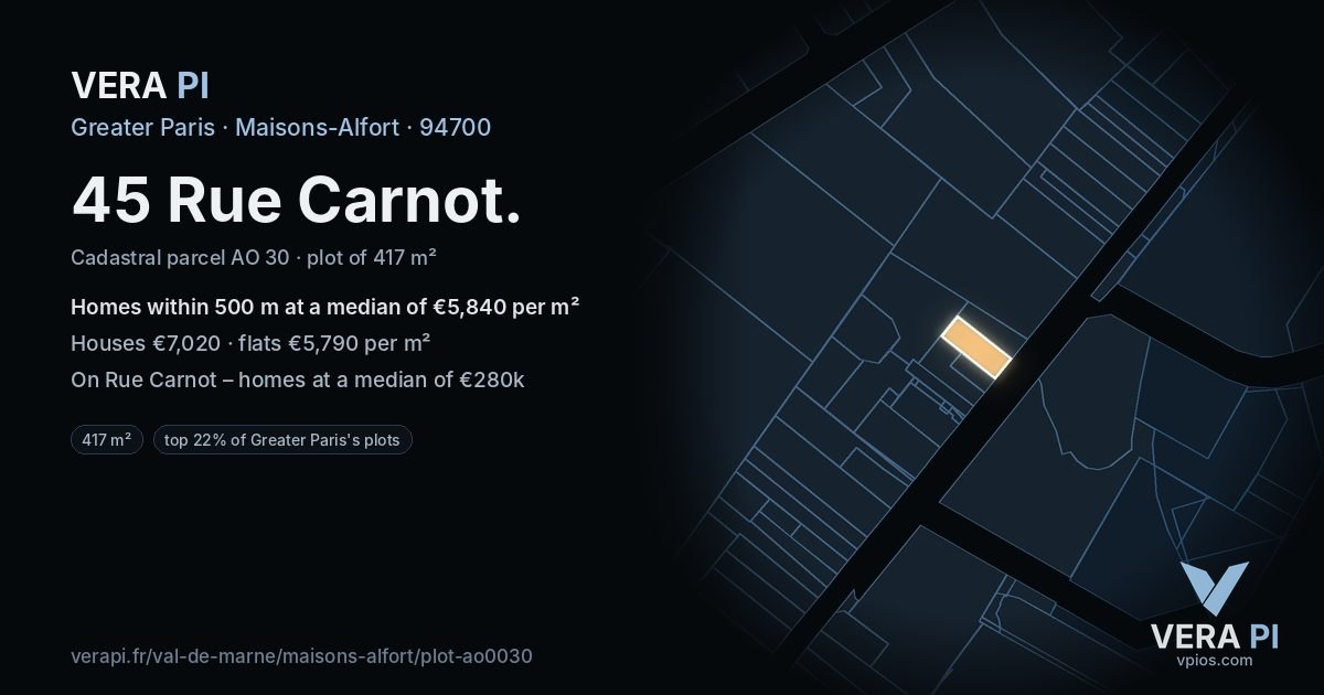 45 Rue Carnot, Maisons-Alfort at night – the plot lit, the parcels around coloured by the prices near them