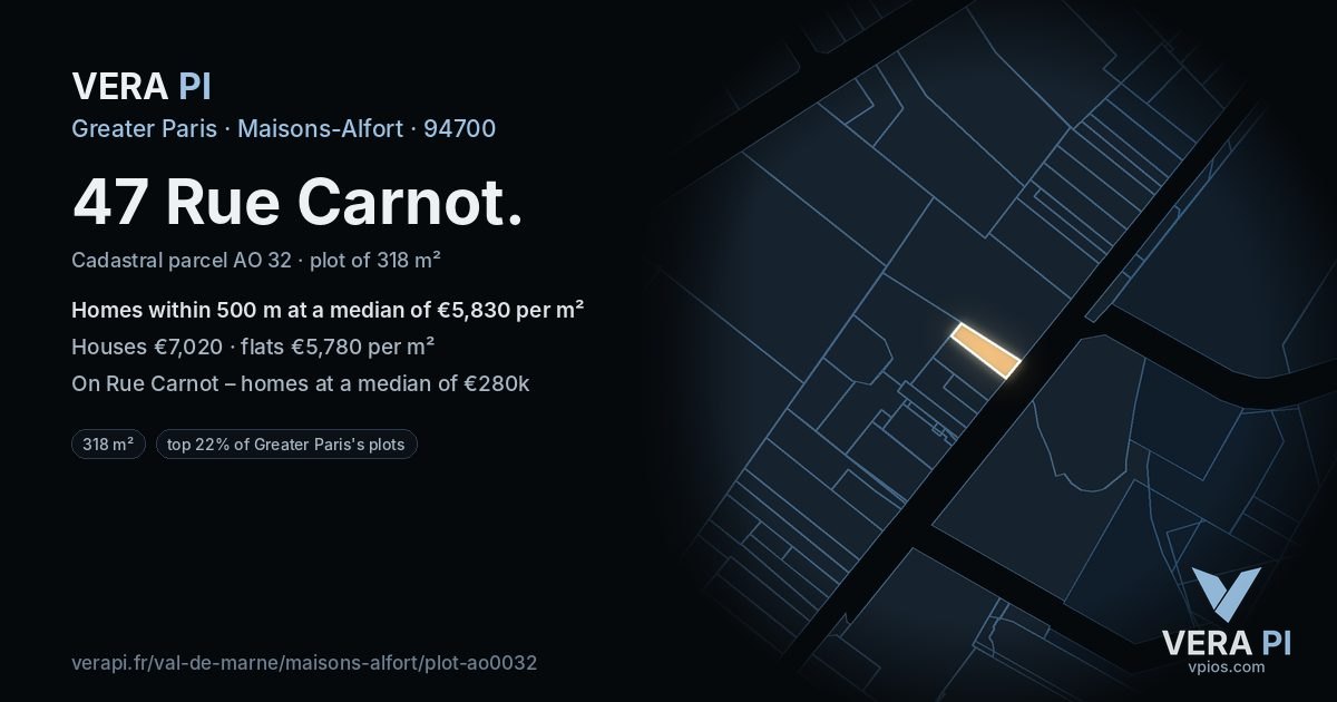 47 Rue Carnot, Maisons-Alfort at night – the plot lit, the parcels around coloured by the prices near them