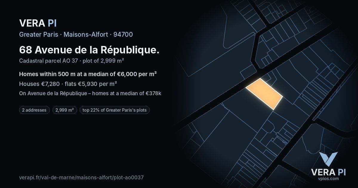 68 Avenue de la République, Maisons-Alfort at night – the plot lit, the parcels around coloured by the prices near them