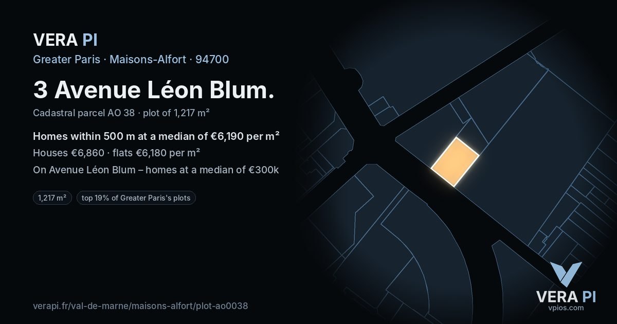 3 Avenue Léon Blum, Maisons-Alfort at night – the plot lit, the parcels around coloured by the prices near them