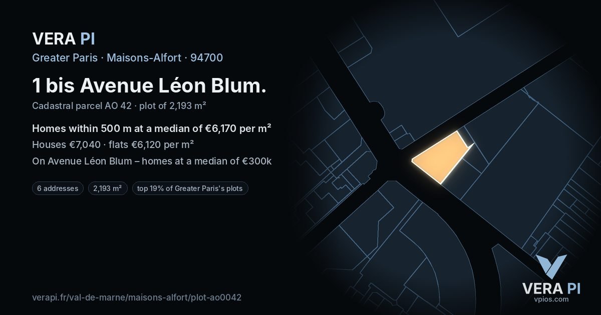 1 bis Avenue Léon Blum, Maisons-Alfort at night – the plot lit, the parcels around coloured by the prices near them