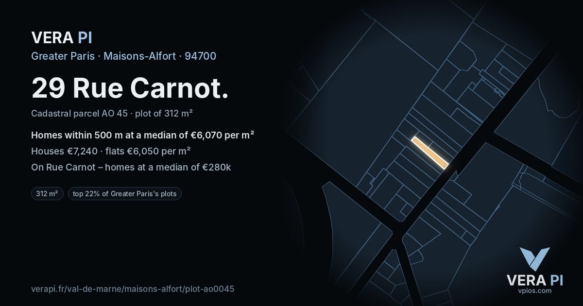 29 Rue Carnot, Maisons-Alfort at night – the plot lit, the parcels around coloured by the prices near them