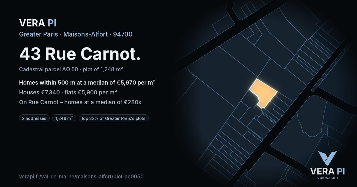 43 Rue Carnot, Maisons-Alfort at night – the plot lit, the parcels around coloured by the prices near them