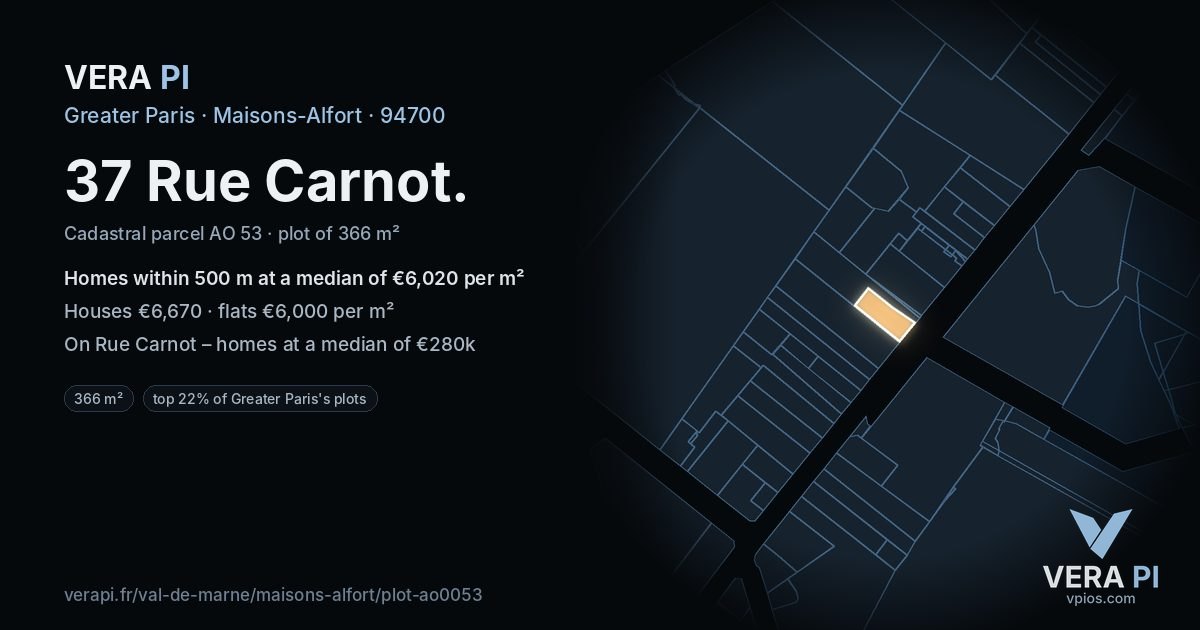 37 Rue Carnot, Maisons-Alfort at night – the plot lit, the parcels around coloured by the prices near them