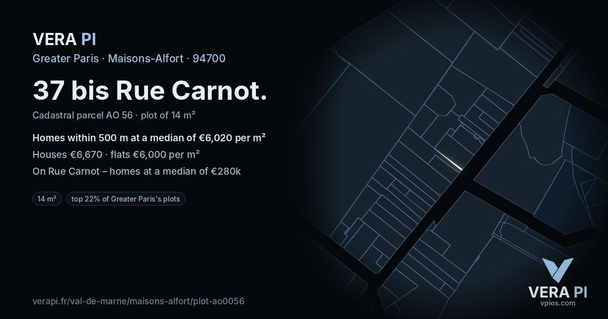 37 bis Rue Carnot, Maisons-Alfort at night – the plot lit, the parcels around coloured by the prices near them