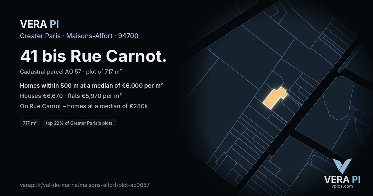 41 bis Rue Carnot, Maisons-Alfort at night – the plot lit, the parcels around coloured by the prices near them