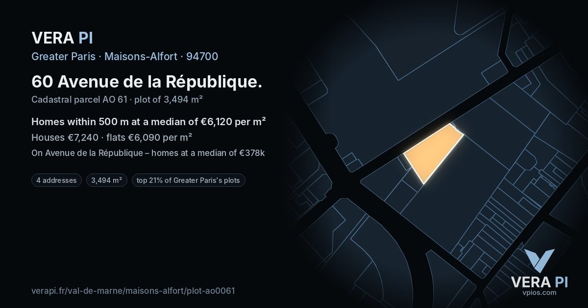 60 Avenue de la République, Maisons-Alfort at night – the plot lit, the parcels around coloured by the prices near them