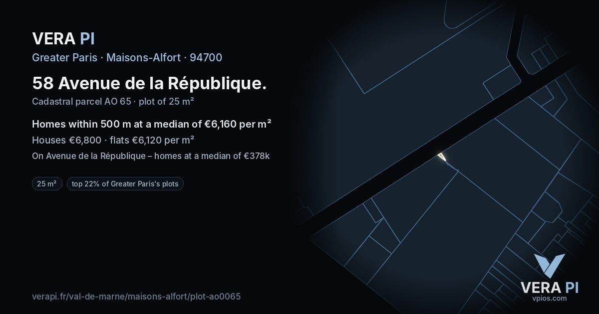 58 Avenue de la République, Maisons-Alfort at night – the plot lit, the parcels around coloured by the prices near them