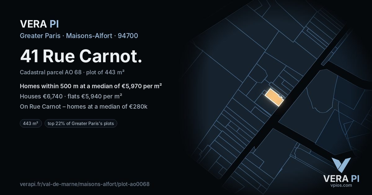 41 Rue Carnot, Maisons-Alfort at night – the plot lit, the parcels around coloured by the prices near them