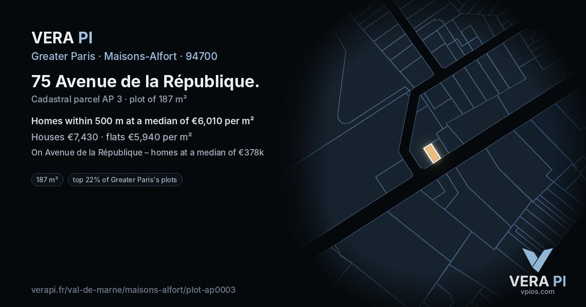 75 Avenue de la République, Maisons-Alfort at night – the plot lit, the parcels around coloured by the prices near them