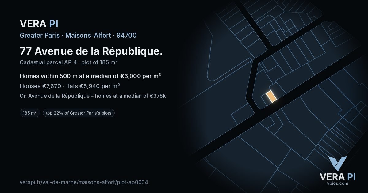 77 Avenue de la République, Maisons-Alfort at night – the plot lit, the parcels around coloured by the prices near them
