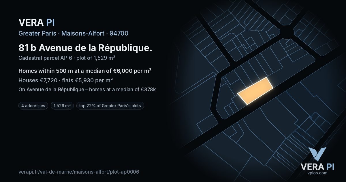 81 b Avenue de la République, Maisons-Alfort at night – the plot lit, the parcels around coloured by the prices near them
