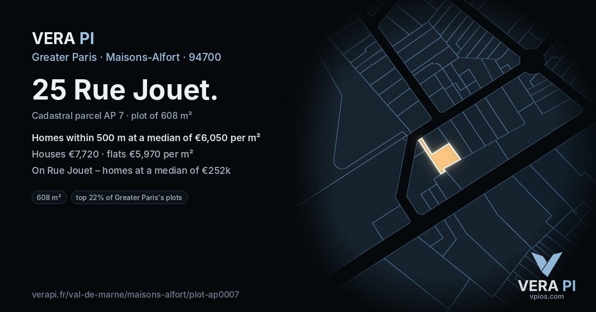 25 Rue Jouet, Maisons-Alfort at night – the plot lit, the parcels around coloured by the prices near them