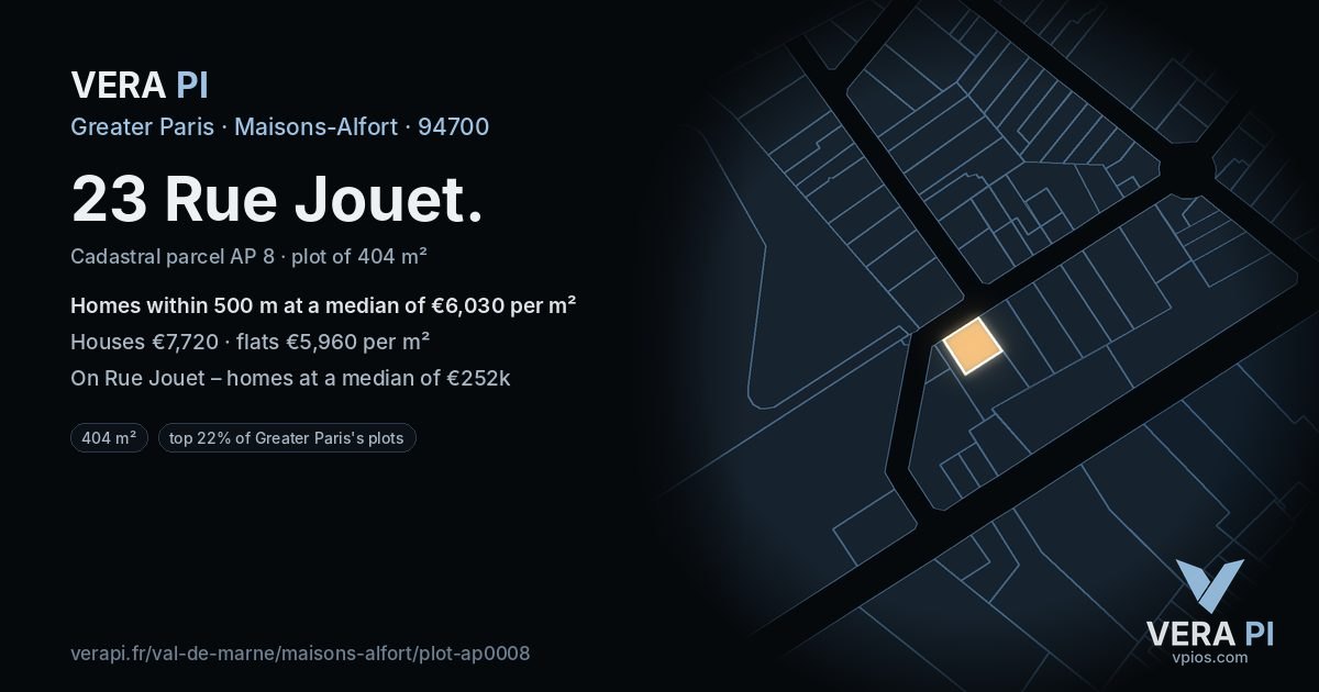 23 Rue Jouet, Maisons-Alfort at night – the plot lit, the parcels around coloured by the prices near them