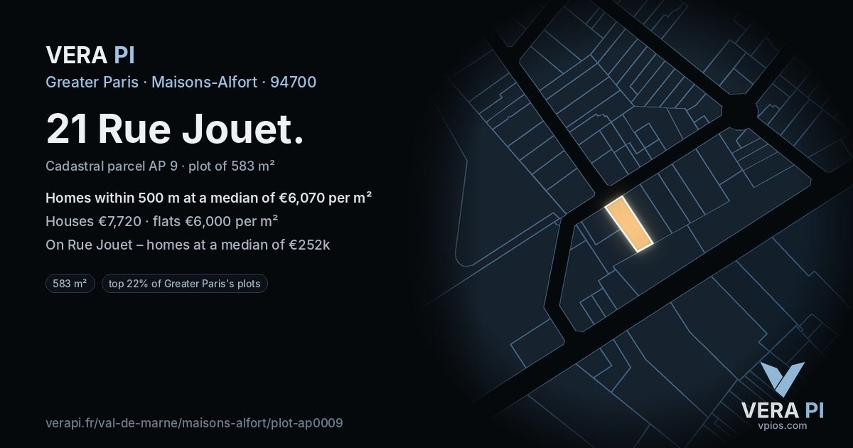 21 Rue Jouet, Maisons-Alfort at night – the plot lit, the parcels around coloured by the prices near them