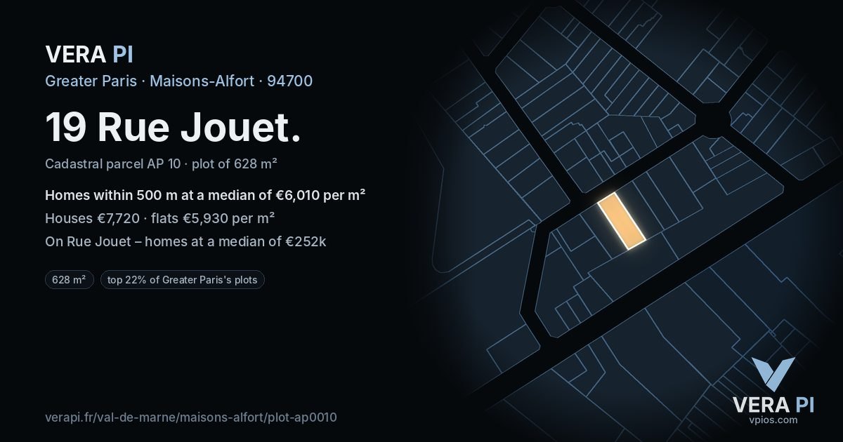 19 Rue Jouet, Maisons-Alfort at night – the plot lit, the parcels around coloured by the prices near them