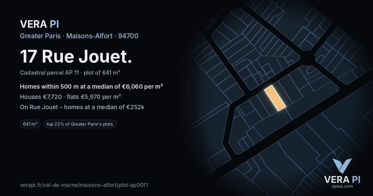 17 Rue Jouet, Maisons-Alfort at night – the plot lit, the parcels around coloured by the prices near them